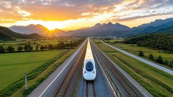 A high speed train traveling through a rural area photo