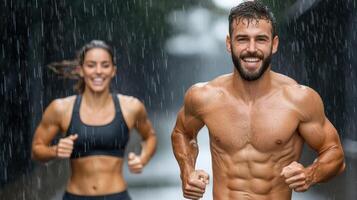 A man and woman running in the rain photo