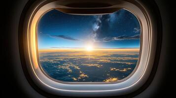 An airplane window looking out at the sky photo