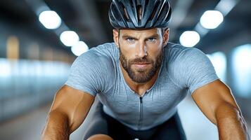 A man in a helmet and shirt riding a bike photo