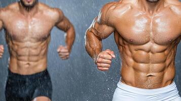 Two men running in the rain photo