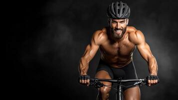 A man in a helmet and shorts riding a bike photo