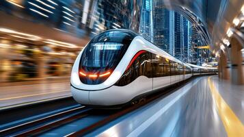 A modern train traveling through a city at night photo