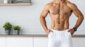 A shirtless man standing in front of a white wall photo