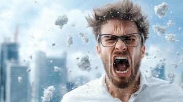 A man with glasses and a white shirt is yelling photo