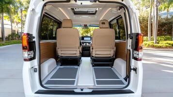 The interior of a van with two seats and a door open photo