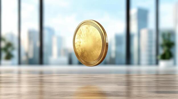 Gold coin on the floor in front of a cityscape photo