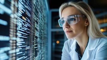 A woman in a lab coat looking at a computer screen photo