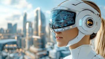 A woman wearing a futuristic helmet with a city in the background photo