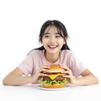 A woman is holding a hamburger in front of her png