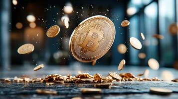 Bitcoin is falling from the sky, with coins flying around it photo