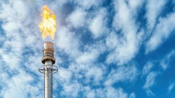 A gas flare on a pole with a blue sky photo