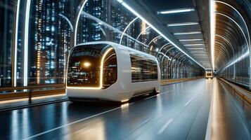 A futuristic train traveling through a tunnel photo