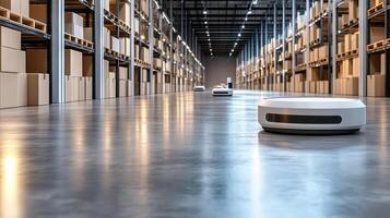 A robot is sitting in a warehouse with boxes photo