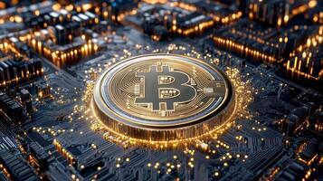 Bitcoin on a circuit board with city lights photo