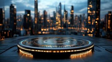 A futuristic cityscape with a futuristic clock on top photo