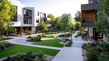 A modern apartment complex with a courtyard and lawn photo
