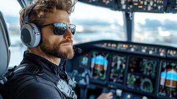 A man wearing headphones and sunglasses in the cockpit of an airplane photo
