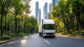 A white truck driving down a road in front of tall buildings photo