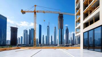 A view of construction cranes in front of a building photo