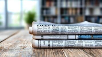 Newspapers on a wooden table photo