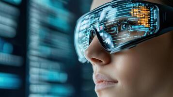 A woman wearing futuristic glasses in front of a computer screen photo