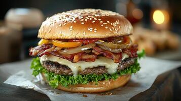 A hamburger with bacon, cheese and lettuce photo