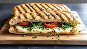 A panini sandwich with cheese, tomatoes and herbs photo