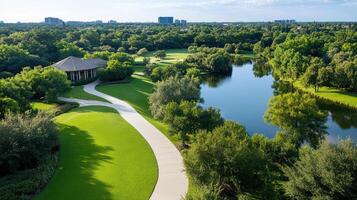 A view of a golf course with a pond and trees photo