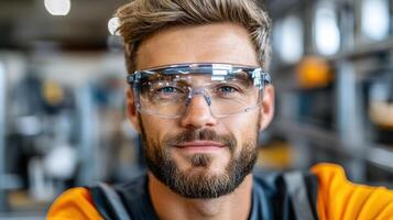 A man wearing safety glasses in an industrial setting photo