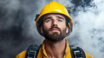 A man in a yellow hard hat and yellow shirt is looking up photo