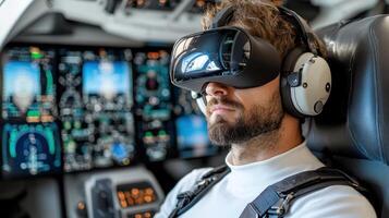 A man wearing virtual reality goggles in an airplane photo