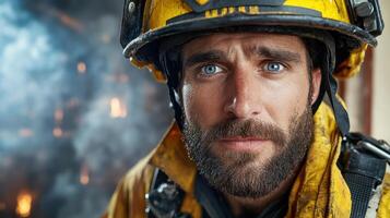 A man in a fireman's helmet and uniform photo