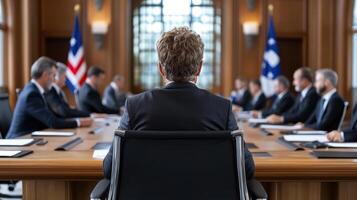 A group of people sitting at a conference table photo