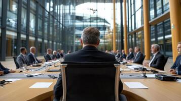 Businessman sitting at a conference table with other people photo