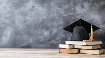 Graduation cap and books on a table against a gray wall photo