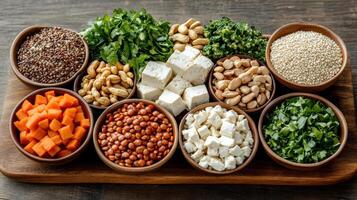 A variety of different foods in bowls on a wooden table photo