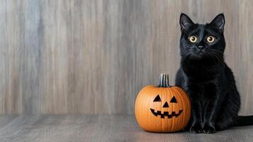 A black cat sitting next to a halloween pumpkin photo
