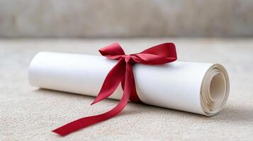Roll of paper with red ribbon tied around it photo