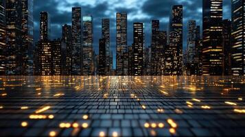 A cityscape with lights and buildings in the background photo