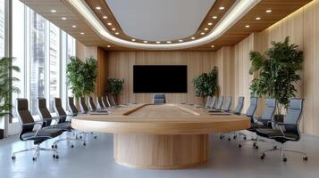 A conference room with a large table and chairs photo