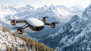A drone flying over a snowy mountain range photo