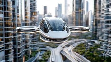 A futuristic flying car is flying over a city photo