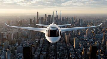 A futuristic airplane flying over a city photo