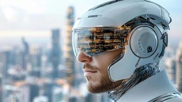 A man wearing a futuristic helmet and looking at the city photo