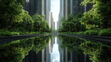 A canal in the middle of a city with tall buildings photo