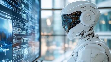 A robot is looking at a computer screen photo