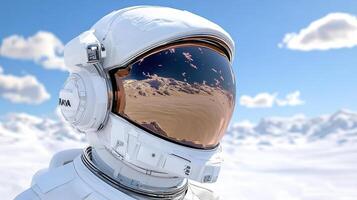 An astronaut in space suit with a blue sky and clouds photo
