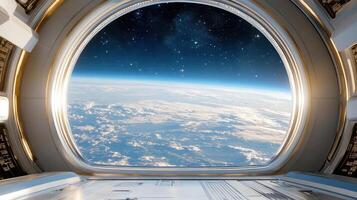 View from space station window with earth and stars photo