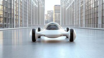 A futuristic car is sitting in a large city photo